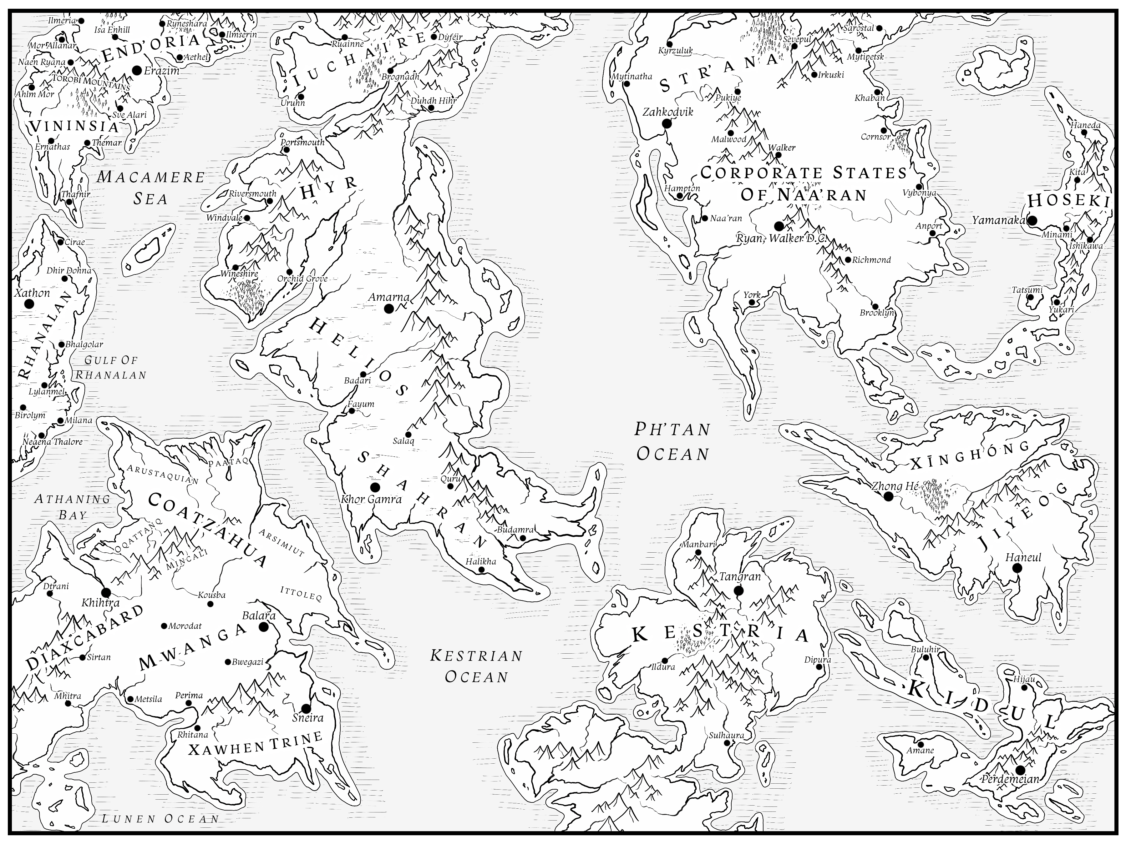 A hand drawn fantasy map featuring 7 continents and 2 major island areas