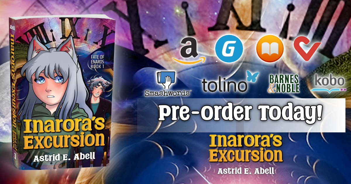 A graphic featuring a mock-up of Inarora's Excursion in a paperback book with a bunch of logos to show where you can pre-order your copy today!