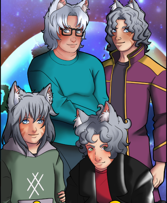 A drawing of Inarora, Byron, Kaedan, and Lysander together.