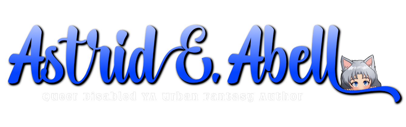 A text logo saying Astrid E Abell with the last 'l' turn into a tail with Inarora peeking over.