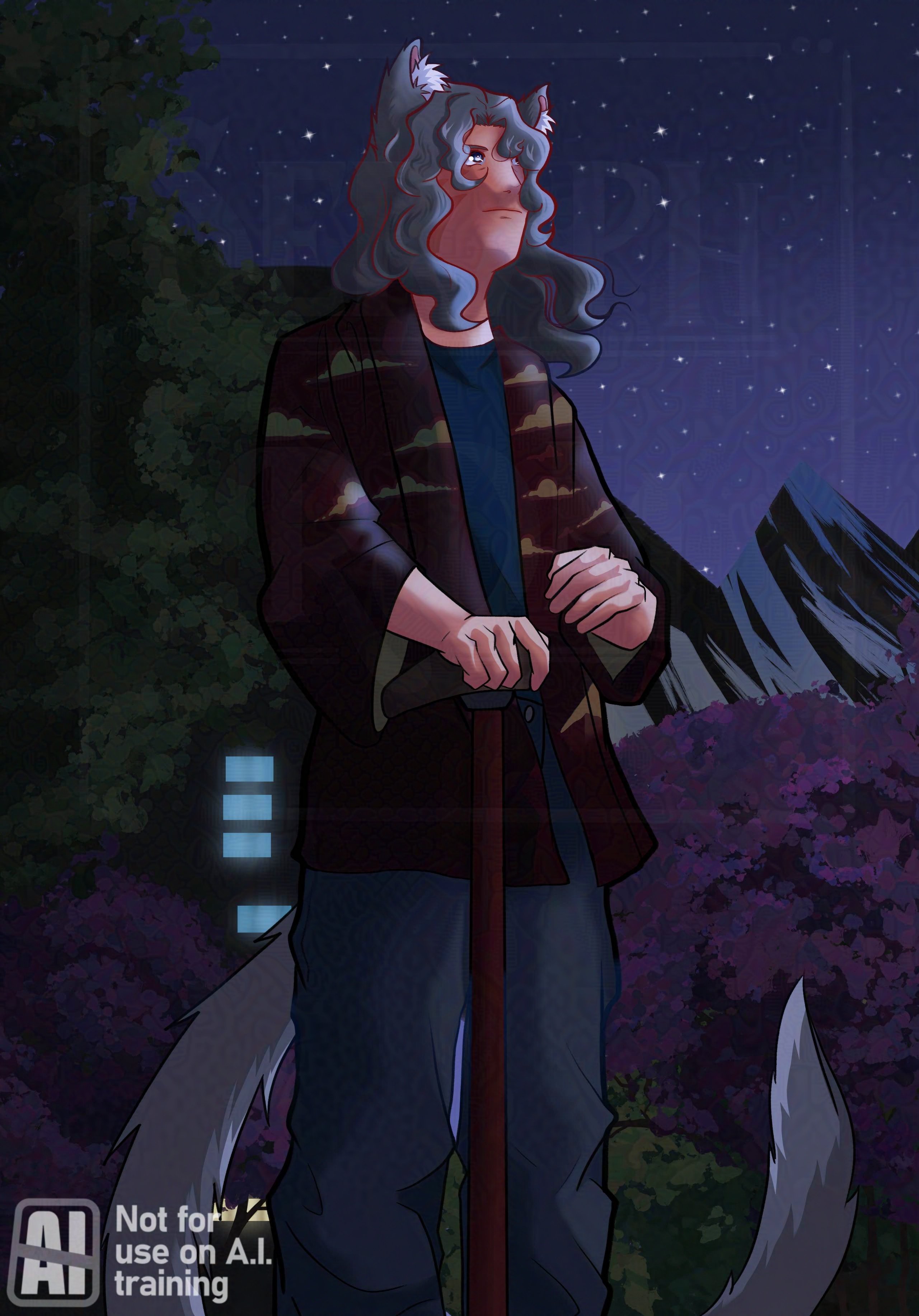 A portrait of Lysander standing in the dark and looking up towards the sky