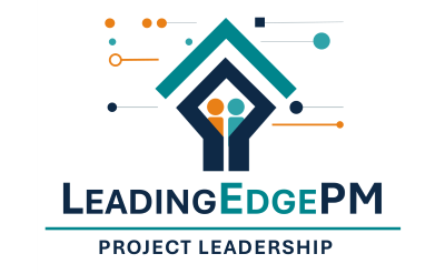 Leading Edge PM logo showing stylised geometric figures in teal, navy, and orange, conveying support and leadership
