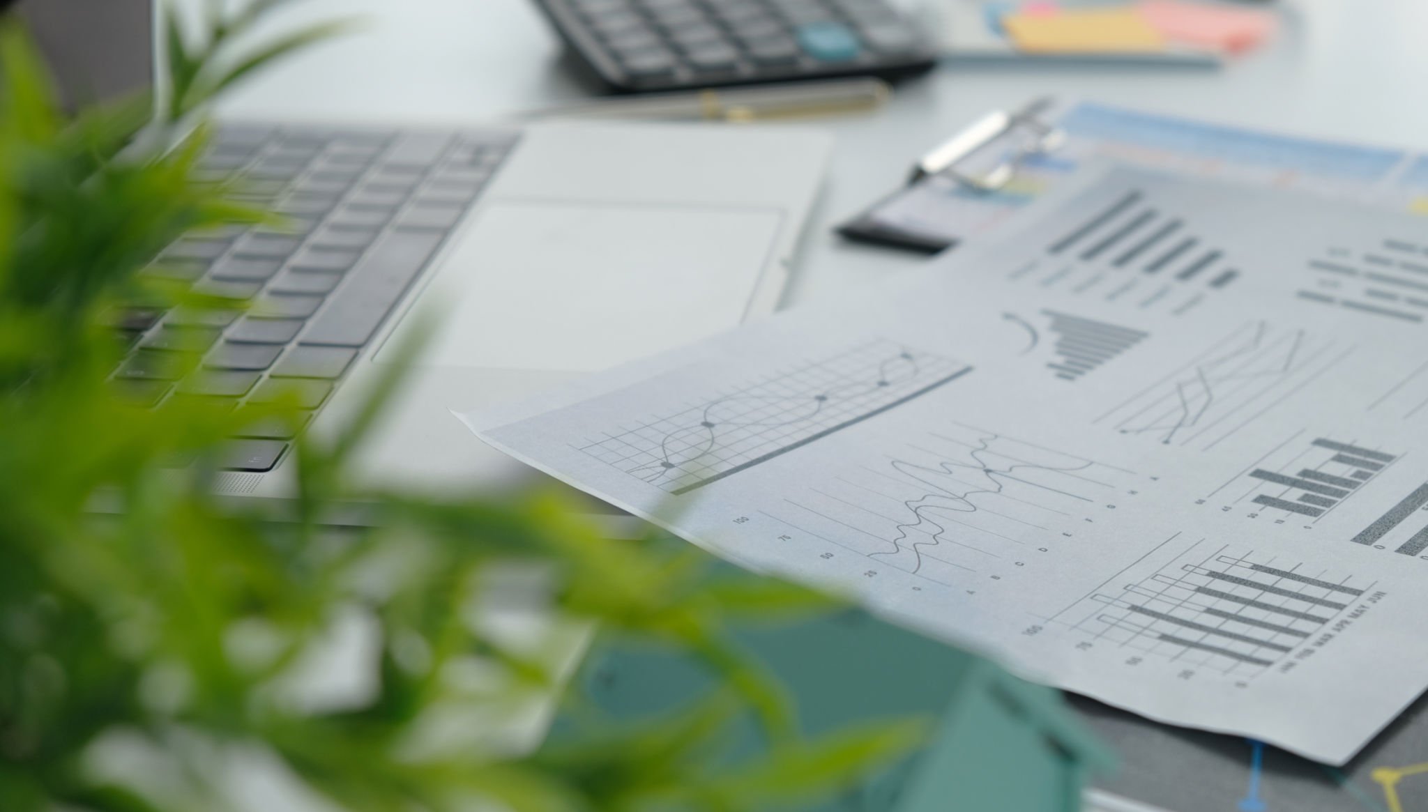 Close up shot of a desktop with financial documents including bar graphs and charts, calculators, clipboards, and an open laptop.  Viewed through the blurred leaves of a green potted plant.