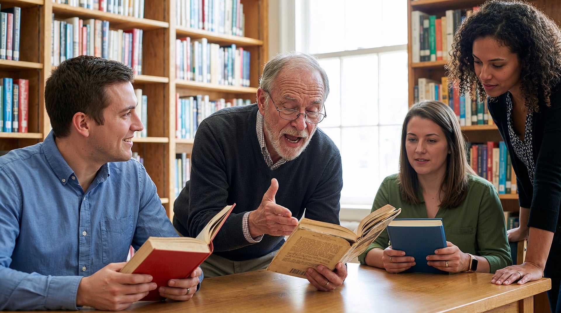 A medium shot of four people gathered around a wooden table in a library with tall, book-filled shelves in the background. In the center, an older man with gray hair and glasses is animatedly speaking and gesturing toward an open book he is holding. To his left, a young man in a blue button-down shirt watches him with a smile, holding his own red book. To the right, a young woman in a green top looks intently at the central book, while another woman with curly hair stands behind her, leaning in to listen. The natural light from a window behind them creates a warm, academic atmosphere.