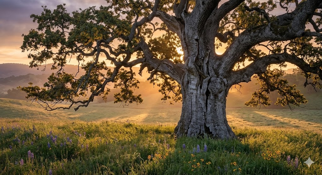 Gemini said A stunning landscape photograph of a massive, ancient oak tree with thick, gnarled bark and sprawling branches. The scene is set in a rolling green meadow at sunrise or sunset, with golden light filtering through the tree's canopy and casting long shadows across the grass. Purple and yellow wildflowers dot the foreground, while misty hills roll into the distance under a soft, hazy sky.