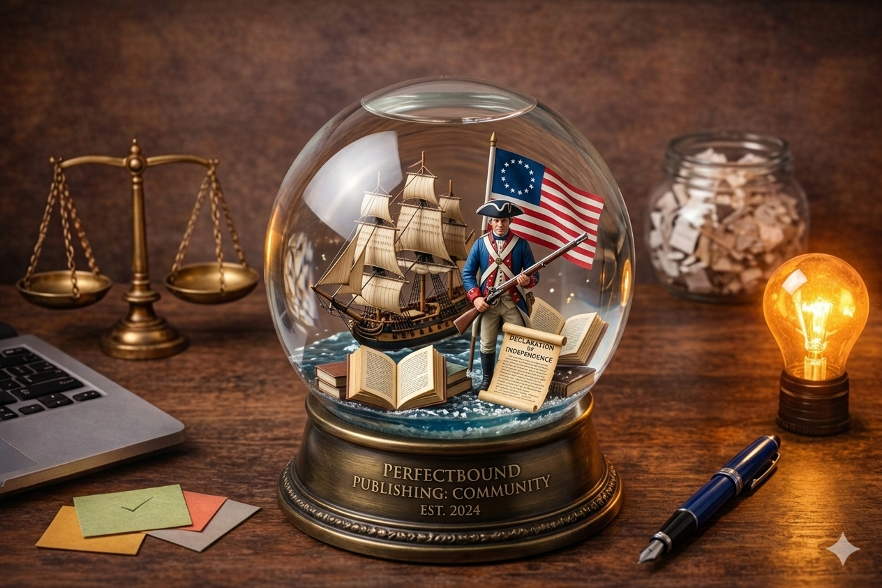 A highly detailed, centered image of a large glass snow globe on a brass base resting on a wooden desk. Inside the globe, a miniature historical scene depicts a Revolutionary War soldier standing next to a colonial-era sailing ship. The soldier holds a musket and stands before a 13-star American flag, surrounded by tiny open books and a scroll labeled 