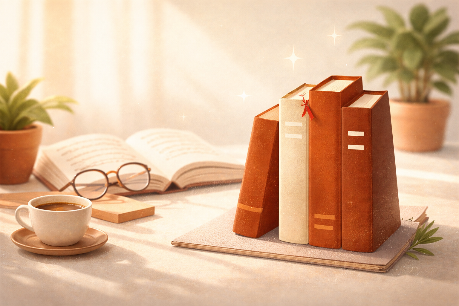Gemini said A warm, soft-focus illustration of a cozy study setting bathed in golden morning light. In the foreground, a stack of four thick books in shades of terracotta and cream stands upright on a flat notebook, with a small red ribbon bookmark peeking out. To the left, a steaming white cup of coffee sits on a saucer next to a pair of round-frame glasses and an open book. Two potted green plants flank the scene, and subtle sparkles float in the air, creating a peaceful, scholarly atmosphere.