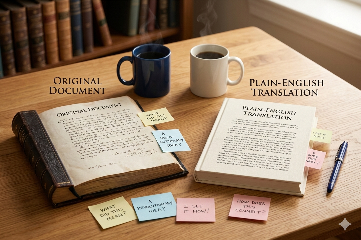 An overhead shot of a wooden desk featuring a side-by-side comparison of two books. On the left, a thick, leather-bound antique book is open to a page of dense, cursive script labeled 