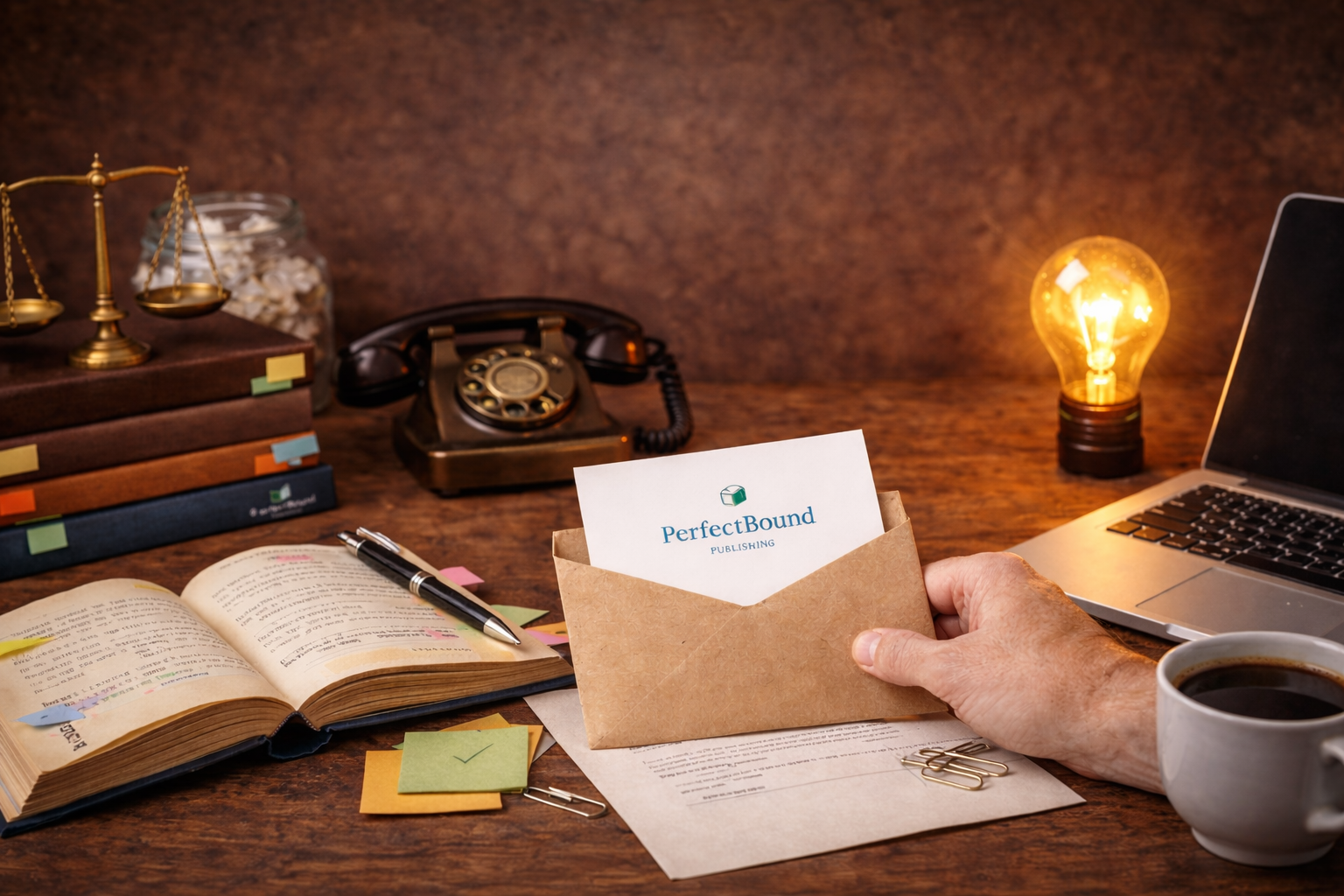 An overhead, flat-lay photograph of a clean, light wood desk organized for a productive work session. In the center, a person's hands are visible; one hand rests near a set of colorful adhesive tabs, while the other holds a blue pen over a printed document with highlighted text. To the right, a gray laptop is open, displaying a document titled 