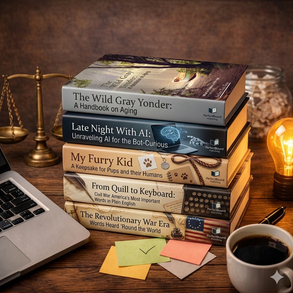 A high-angle photograph of a stack of five books resting on a rustic wooden desk. The books, published by 