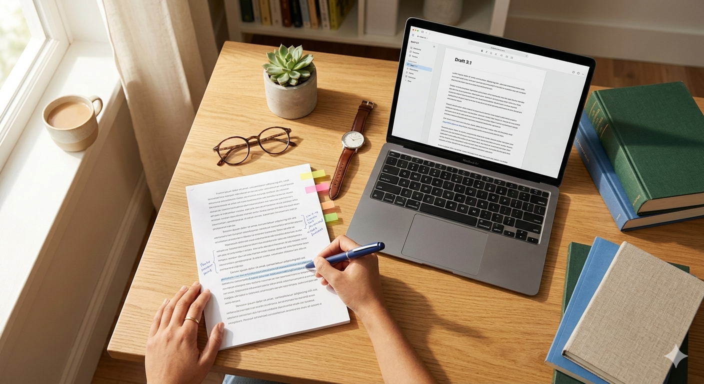 Gemini said An overhead view of a clean, light wood desk where a person is actively editing a document. Their hands are visible, using a blue pen to mark up a printed page filled with text and colorful adhesive tabs. To the right, a gray laptop is open, displaying a text editor with the title 