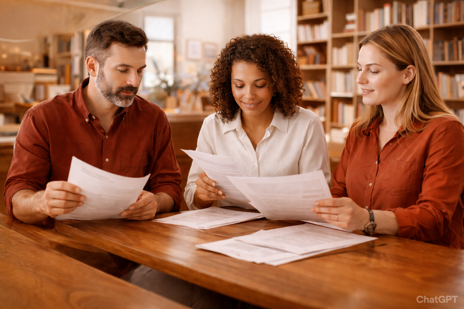 A warm-toned photograph of three colleagues sitting together at a long wooden table in a brightly lit library or office. A man with a beard and two women—one with curly dark hair and one with straight blonde hair—are all focused on reviewing printed documents in their hands. The background features floor-to-ceiling bookshelves filled with books, creating a professional and collaborative atmosphere.