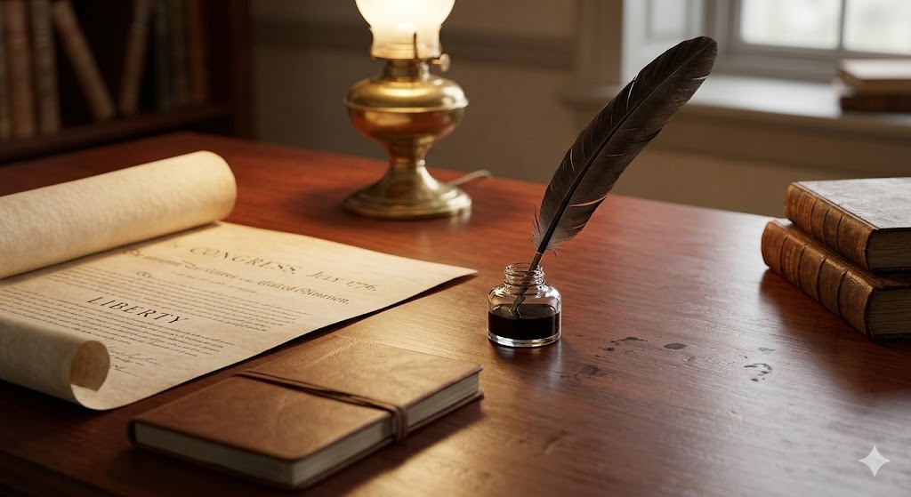 An atmospheric, historical-style photograph of a wooden desk illuminated by the warm glow of an oil lamp. On the desk sits a parchment scroll featuring the word 