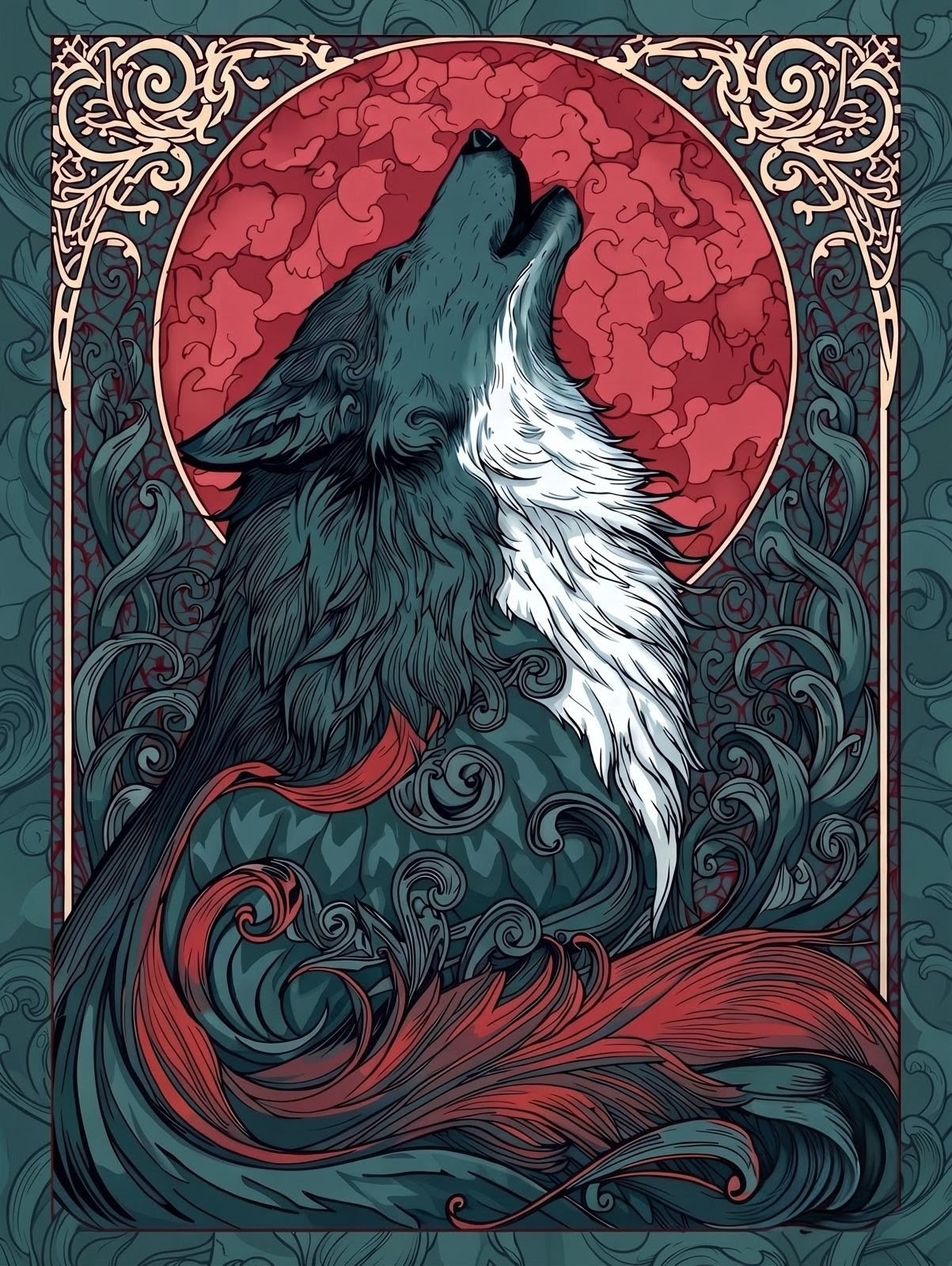 Illustrated wolf howling at a red moon