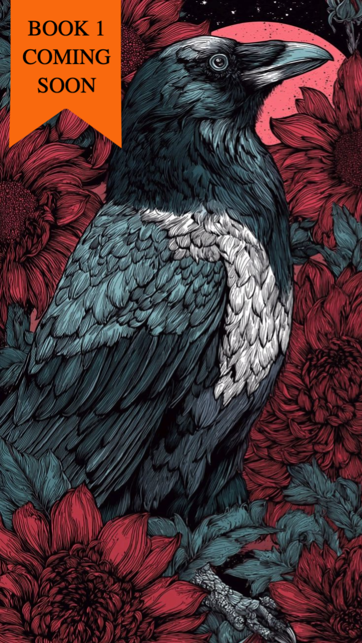 Illustration of a magpie surrounded by red flowers with the caption: Book 1 Coming Soon