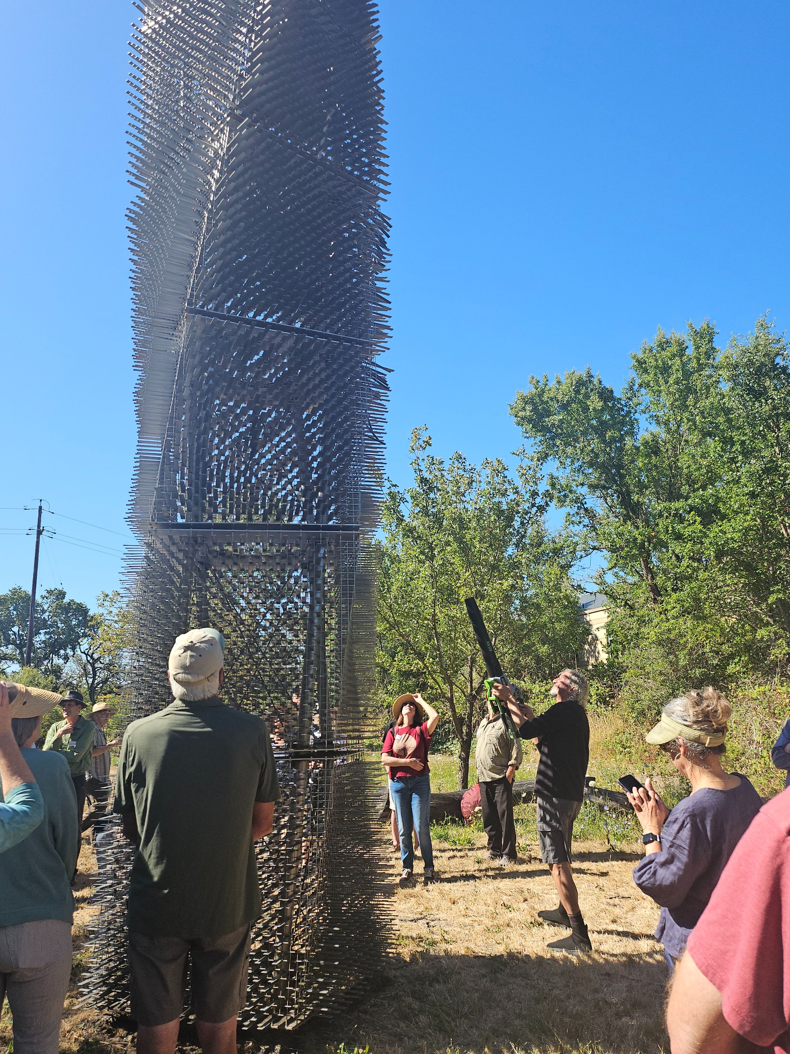 Walkers looking up at a tall steel sculpture on a summer morning.