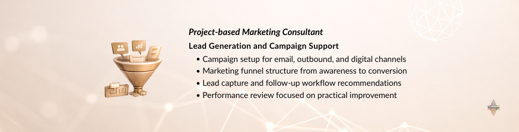 Project-based marketing consultant supporting lead generation strategy, marketing funnels, email and outbound campaigns, and performance-focused campaign execution.