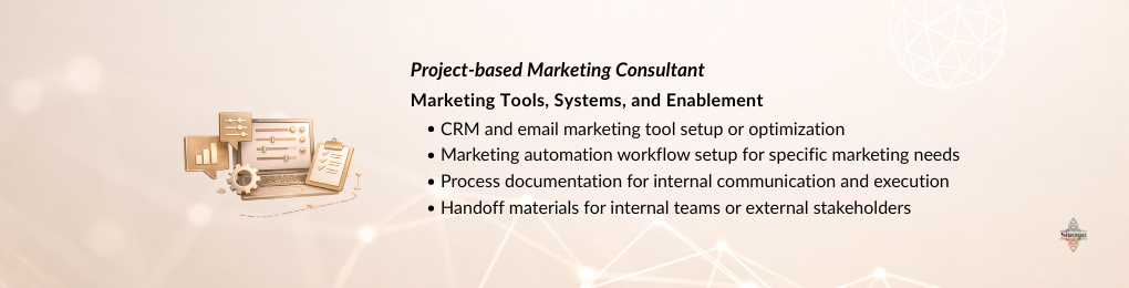 Project-based marketing consultant supporting CRM setup, marketing automation workflows, internal documentation, and marketing systems enablement.