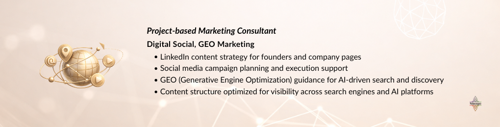 Project-based marketing consultant delivering LinkedIn content strategy, social media campaign support, and GEO marketing guidance for AI-driven search visibility.