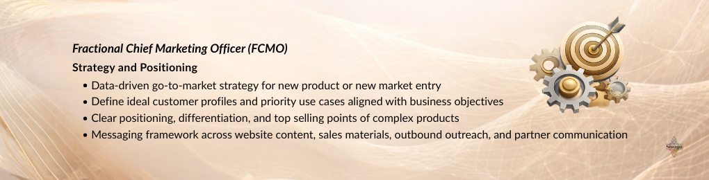 Fractional Chief Marketing Officer strategy and positioning graphic showing U.S. go-to-market planning, market differentiation, and B2B messaging frameworks.