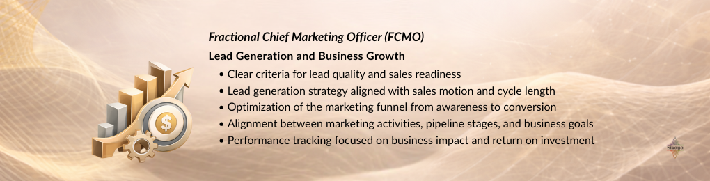 Fractional Chief Marketing Officer lead generation and business growth graphic illustrating funnel optimization, sales pipeline alignment, and ROI-focused performance tracking.