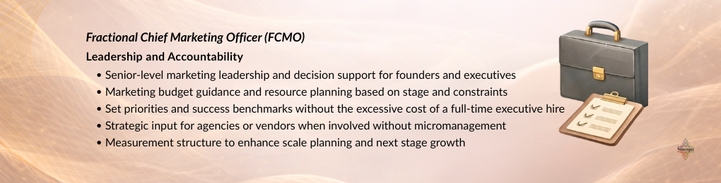 Fractional Chief Marketing Officer leadership and accountability graphic representing senior-level decision support, marketing budget guidance, and scalable growth planning.