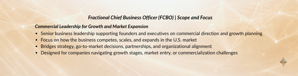 Fractional Chief Business Officer providing senior commercial leadership for U.S. market expansion, growth planning, and commercialization strategy