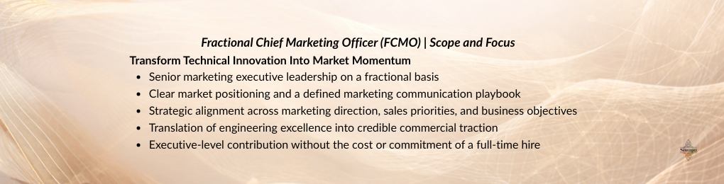 Fractional Chief Marketing Officer (FCMO) providing senior marketing leadership to translate technical innovation into commercial momentum in the U.S. market.