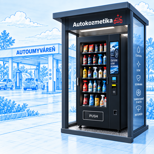Vonkajší predajný automat na autokozmetiku pri autoumyvárni