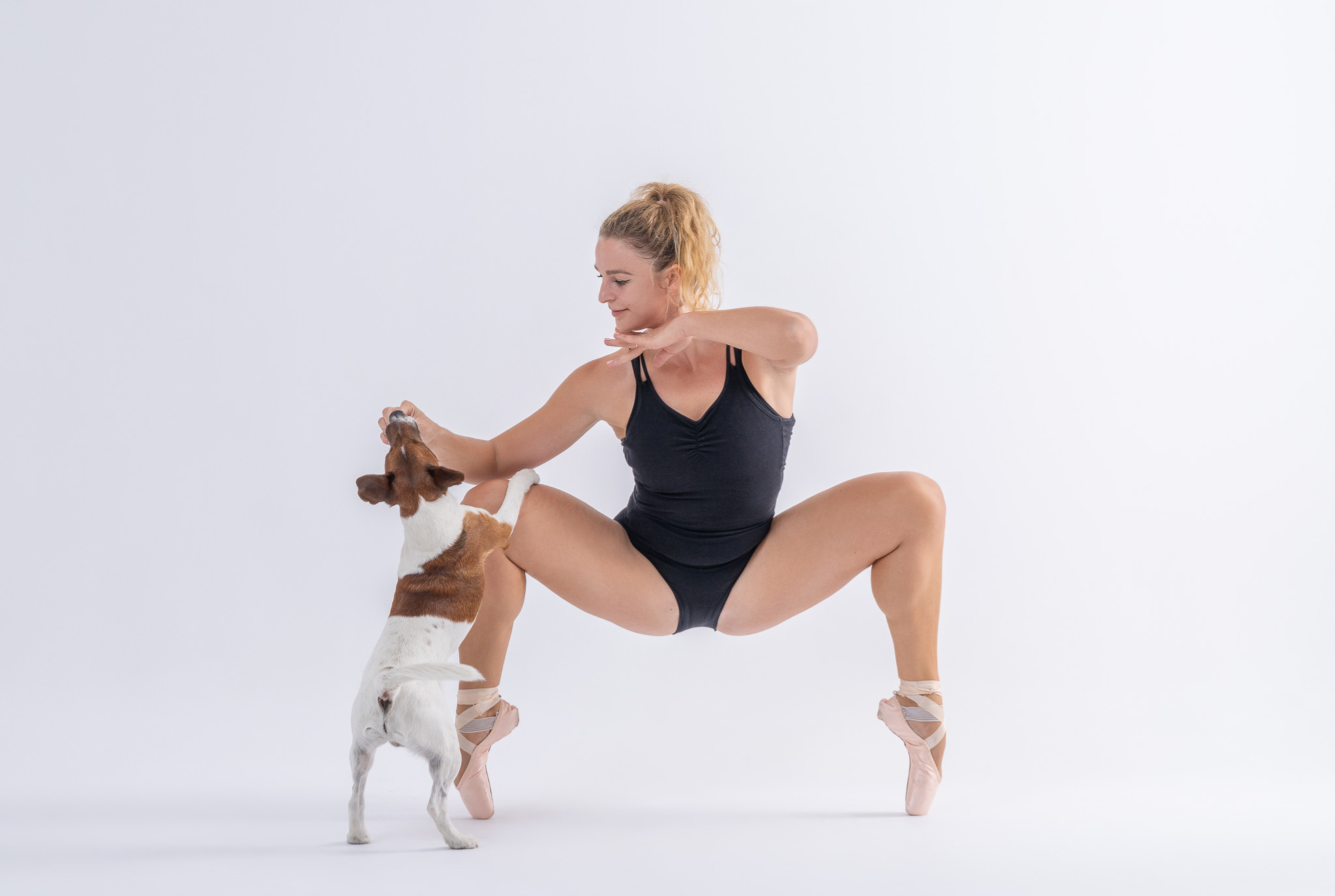 tancerka baletowa w pozycji plié na pointach bawi się z psem – fotografia tańca i psów w studio