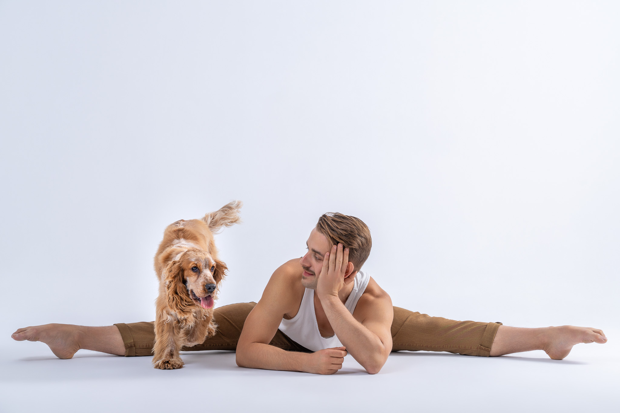 tancerz w szpagacie leży na podłodze, obok idzie pies – artystyczna fotografia tańca i psów w studio