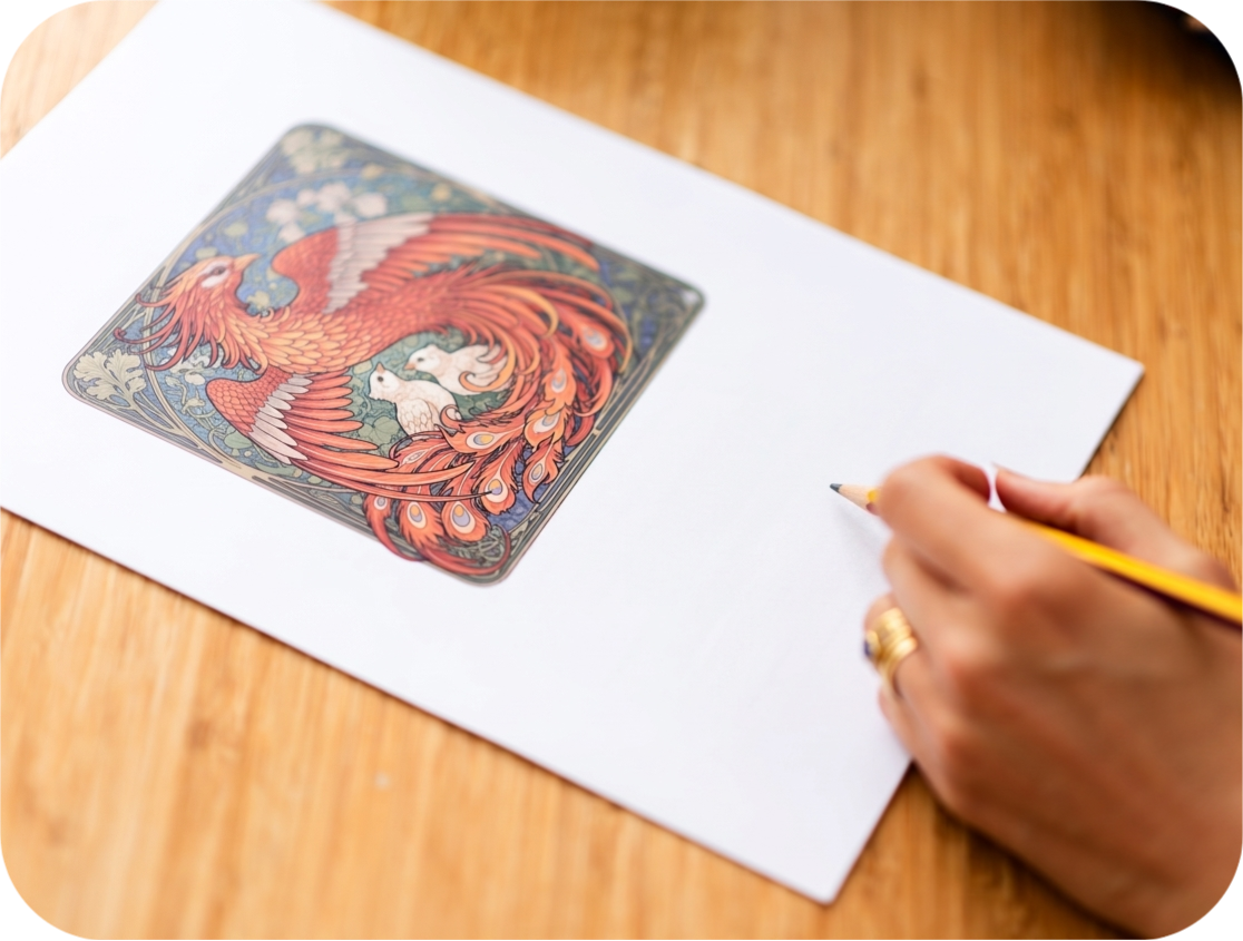 Picture of a person writing on a sheet of page with an image of a phoenix on it.
