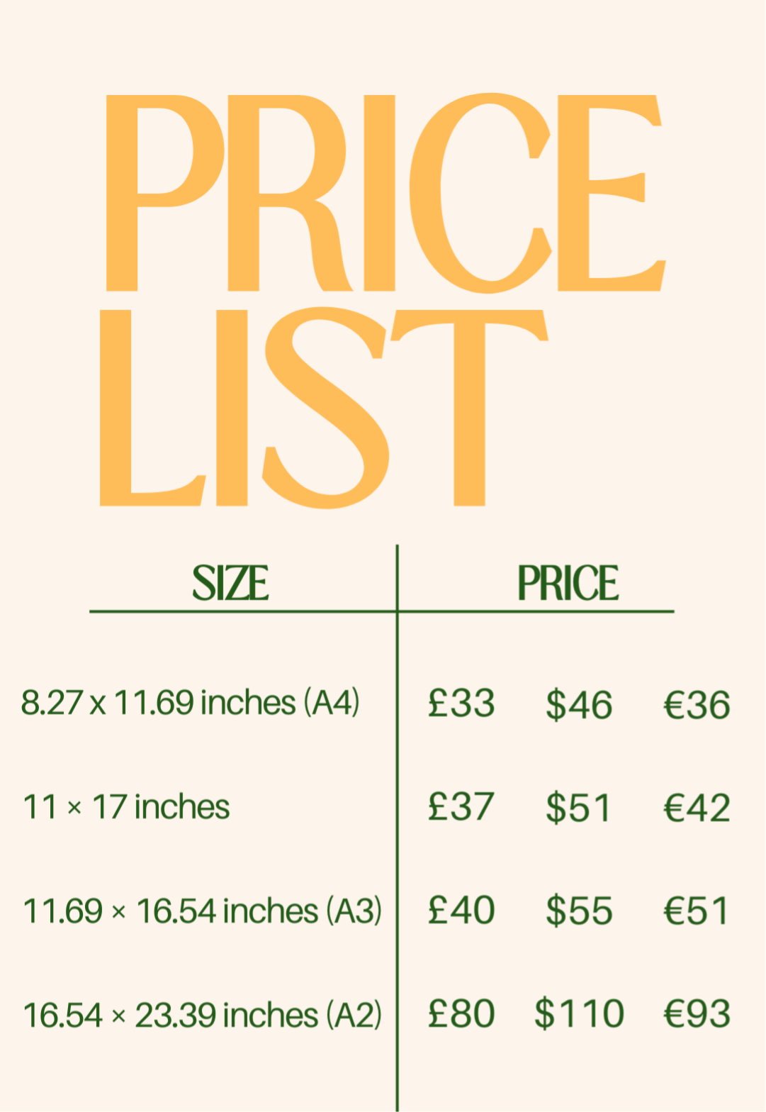 Print size price list