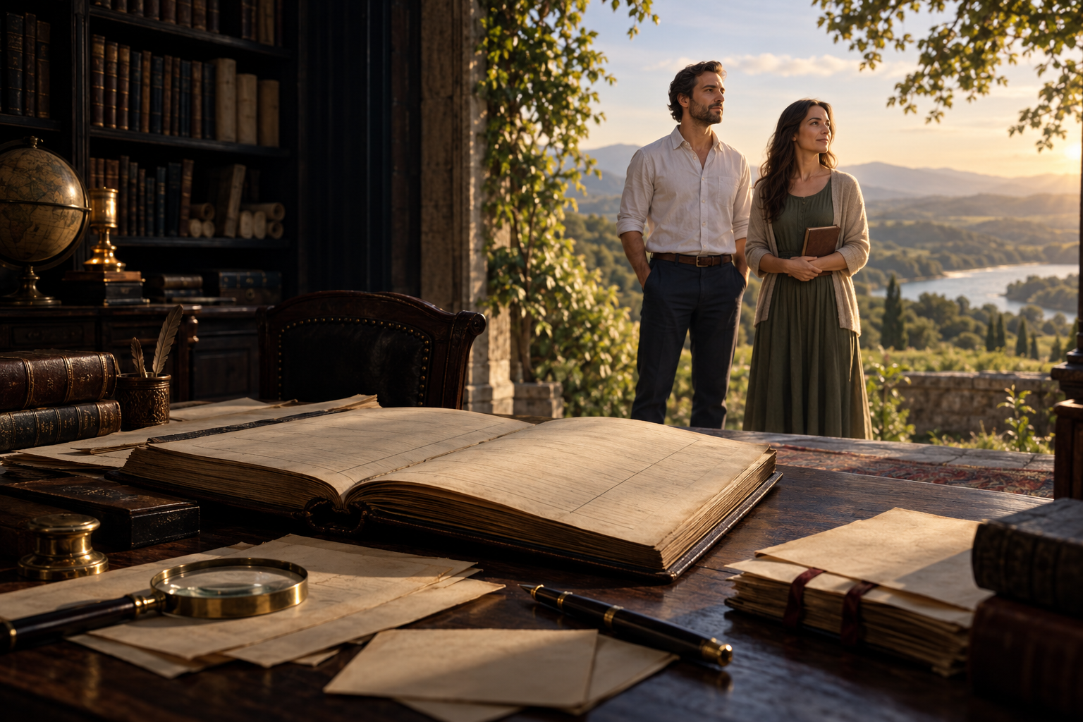 A living man and woman standing beyond an open registry ledger in natural light.