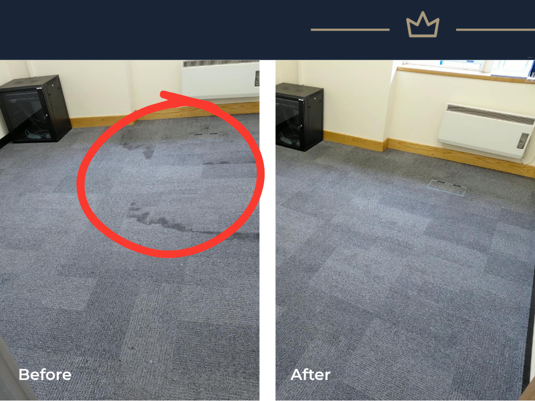 Office carpet tiles with stains before and after cleaning