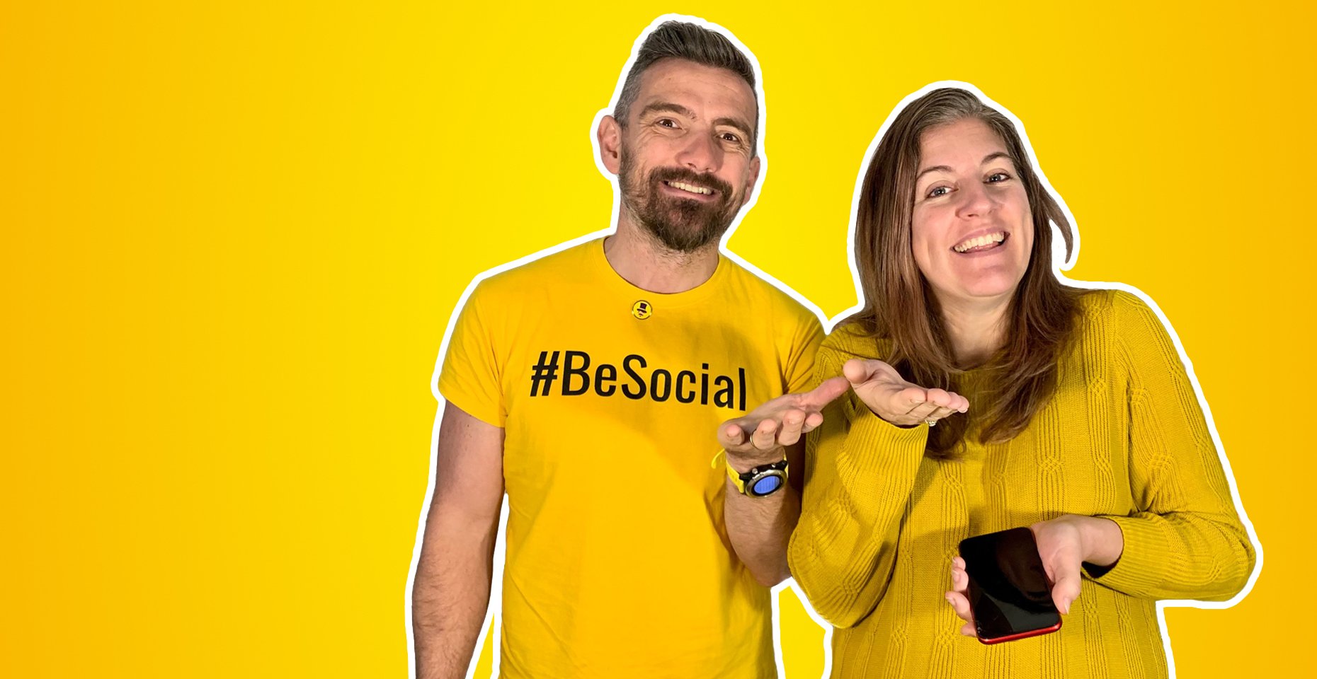 Yellow Tuxedo founders, Alan and Emily, on a yellow background.