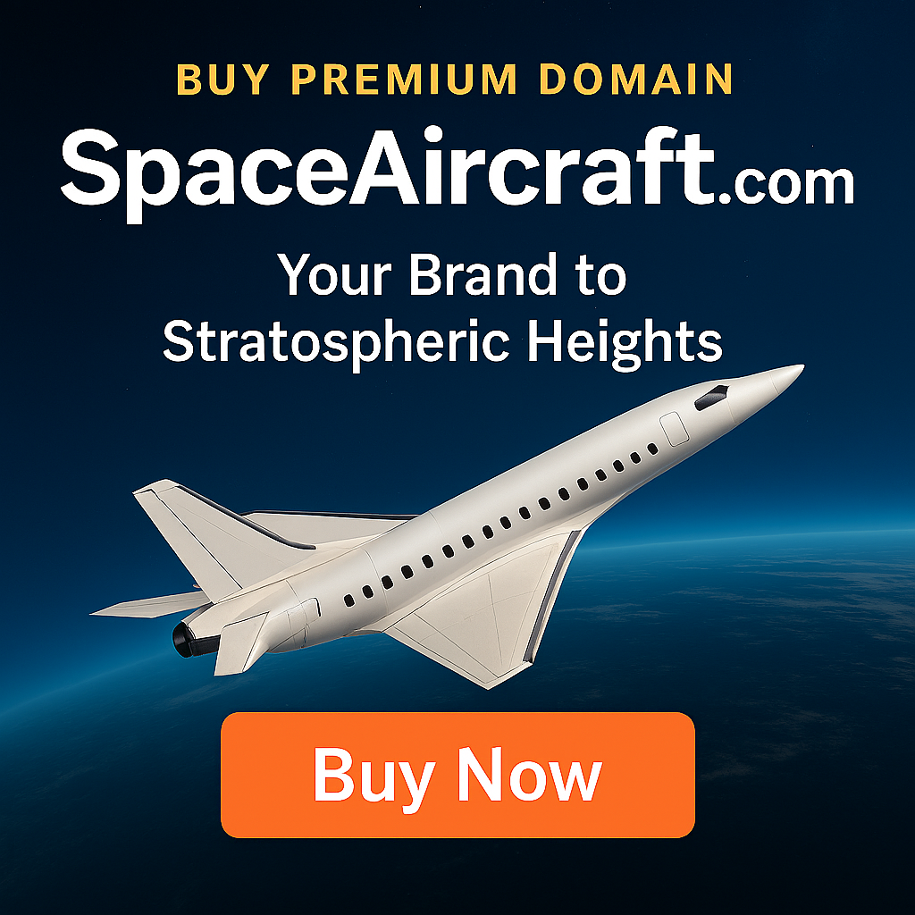 Promotional graphic for SpaceAircraft.com showing a sleek futuristic aircraft flying above Earth’s curvature against a dark space backdrop, with bold text advertising the premium domain.