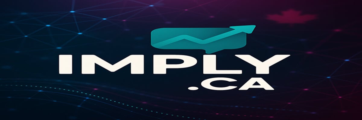 Logo for Imply.ca featuring bold white text ‘IMPLY .CA’ beneath a teal speech‑bubble icon with an upward arrow, set against a dark digital network background with a subtle red maple leaf.