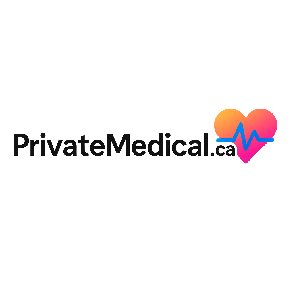 Logo for PrivateMedical.ca featuring bold black text beside a gradient heart icon with a blue ECG line, representing healthcare and medical services in Canada.