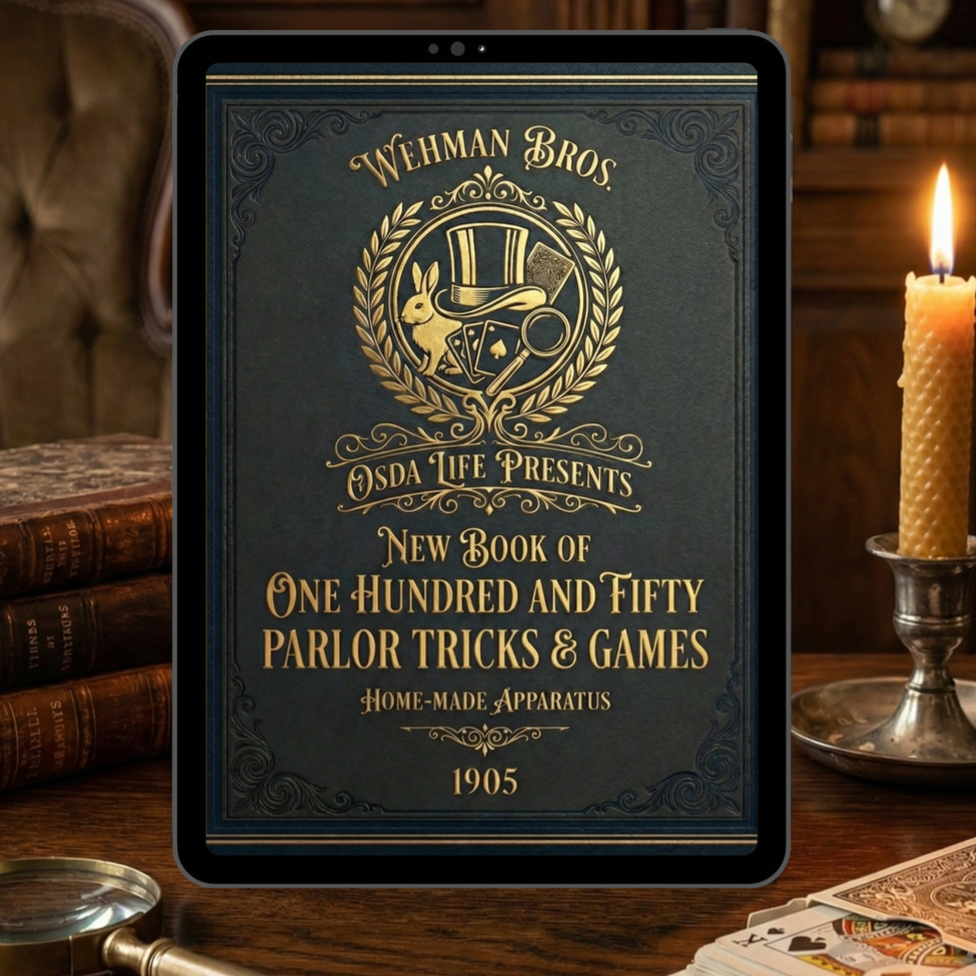 One Hundred and Fifty Parlor Tricks & Games ebook displayed on an iPad situated on a wooden table. On the table next to the iPad is a magnifying glass and a deck of playing cards.