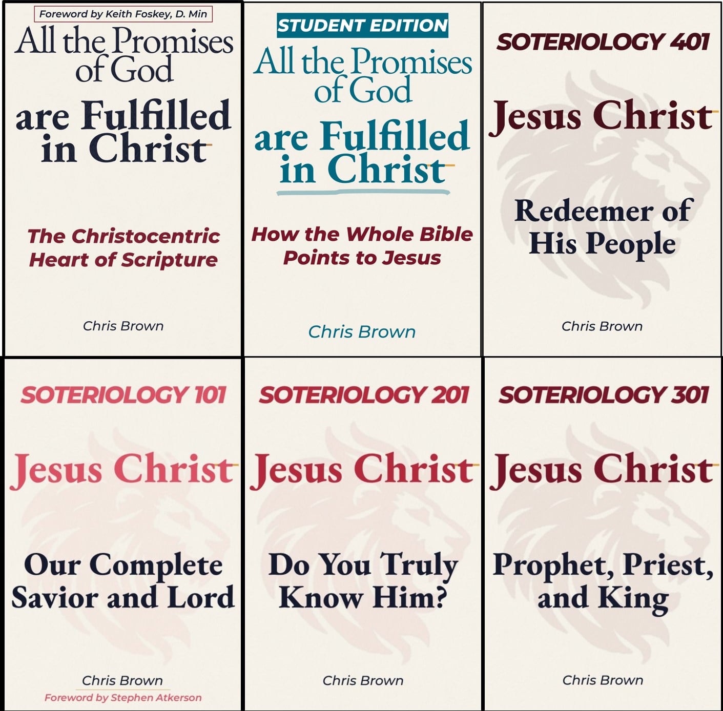 Covers for the Christ-Centered Theology series books 1, 2, 3, 4, 5, and 6 by Chris Brown.