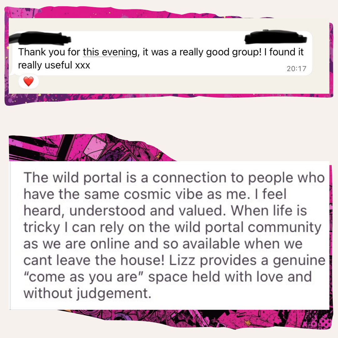"The Wild Portal is a connection to people who have the same cosmic vibe as me. I feel heard, understood and valued. When life is tricky I can rely on the wild portal community as we are online and so available when we cant leave the house! Lizz provides a genuine “come as you are” space held with love and without judgement."  - G