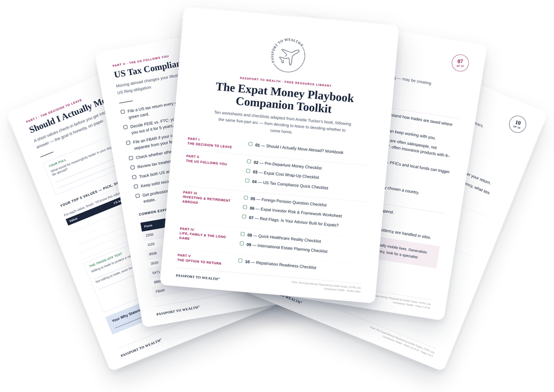 Pages from The Expat Money Playbook Companion Toolkit fanned out