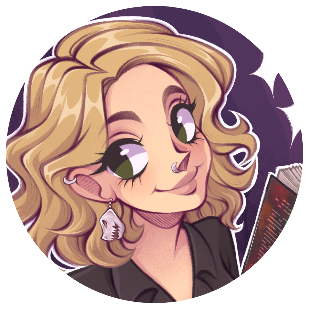 A profile avatar of Sass Addams drawn in a cartoon style. Sass has short wavy blonde hair, hazel eyes, and is smiling.