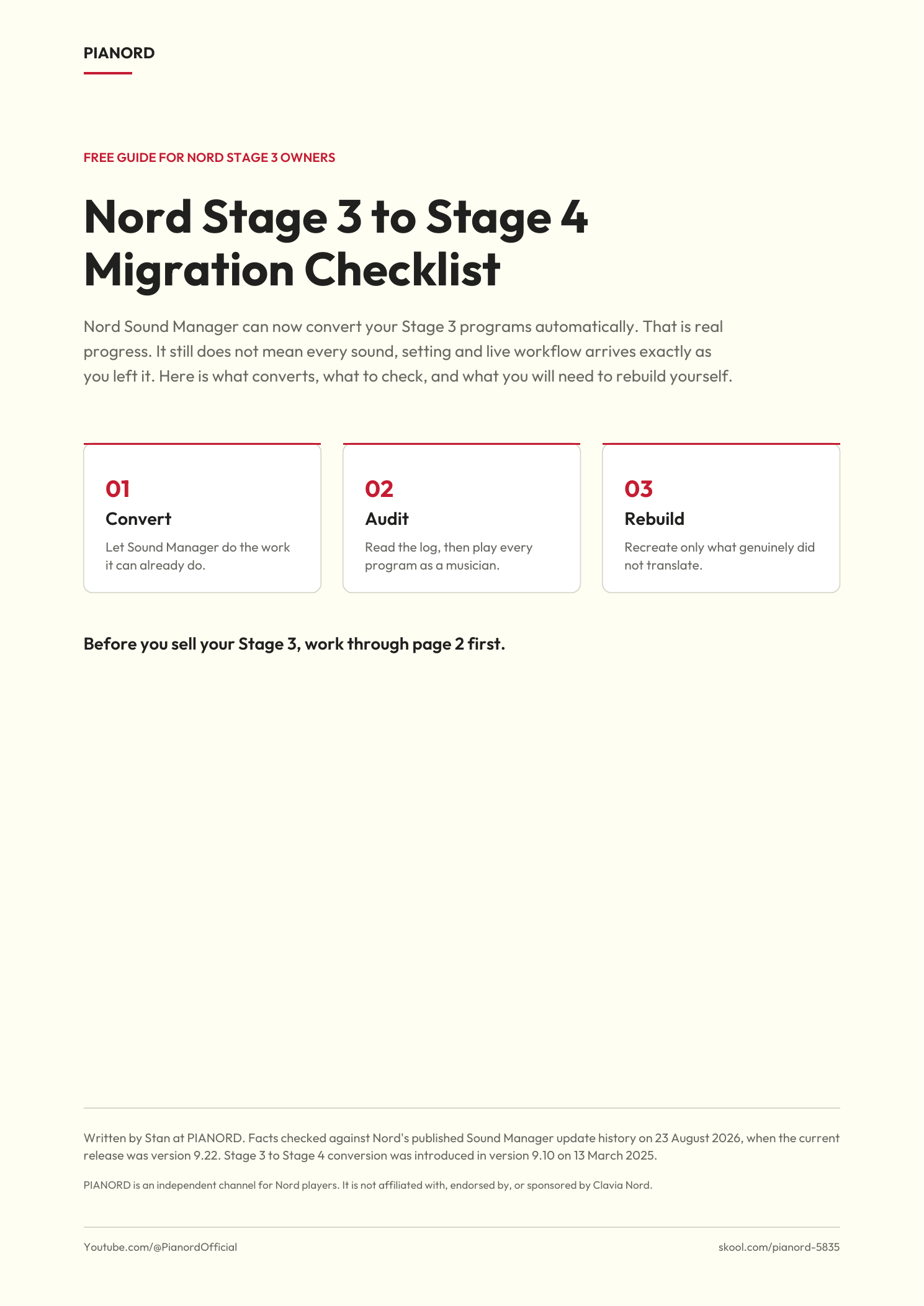 Cover of the PIANORD Nord Stage 3 to Stage 4 Migration Checklist