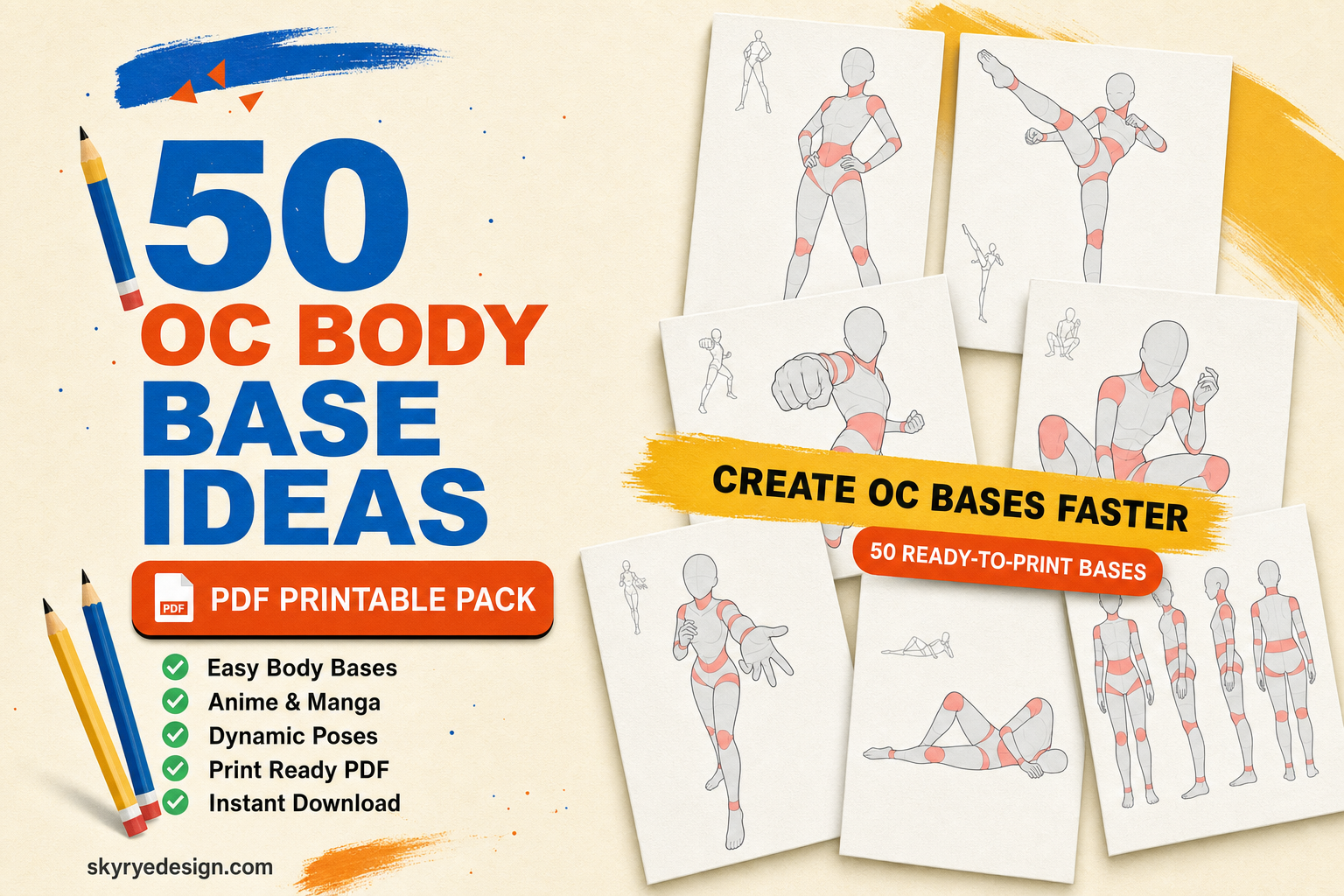 Promotional cover for a 50-page OC body base ideas printable PDF pack, featuring bold blue and orange typography, a checklist, art pencils, and a collage of pose reference sketch sheets.