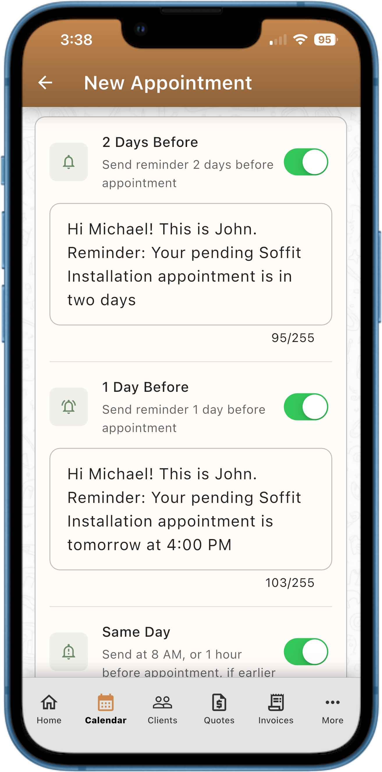 Appointment creation screen showing automated SMS reminder toggles for 2-day, 1-day, and same-day notifications
