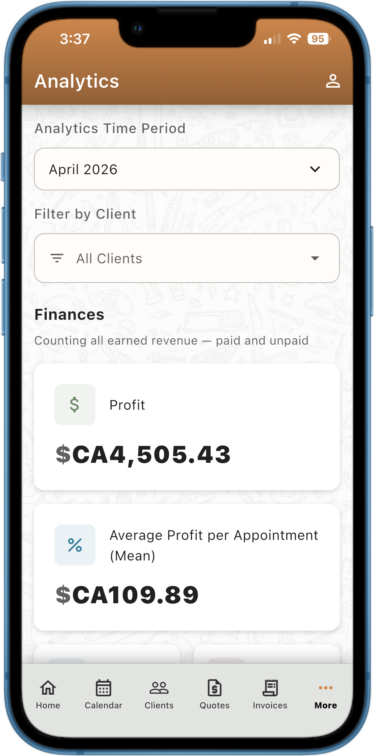 Analytics dashboard in PocketClients showing monthly revenue, expenses, net income, and appointment statistics