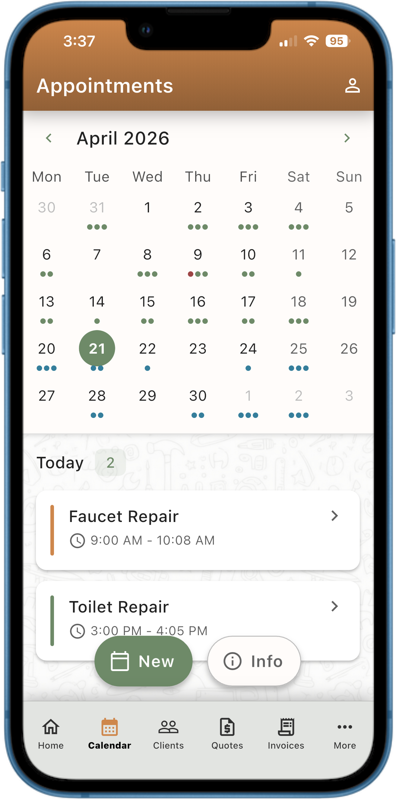 Weekly calendar view in Pocket Clients with color-coded appointments showing client names and times