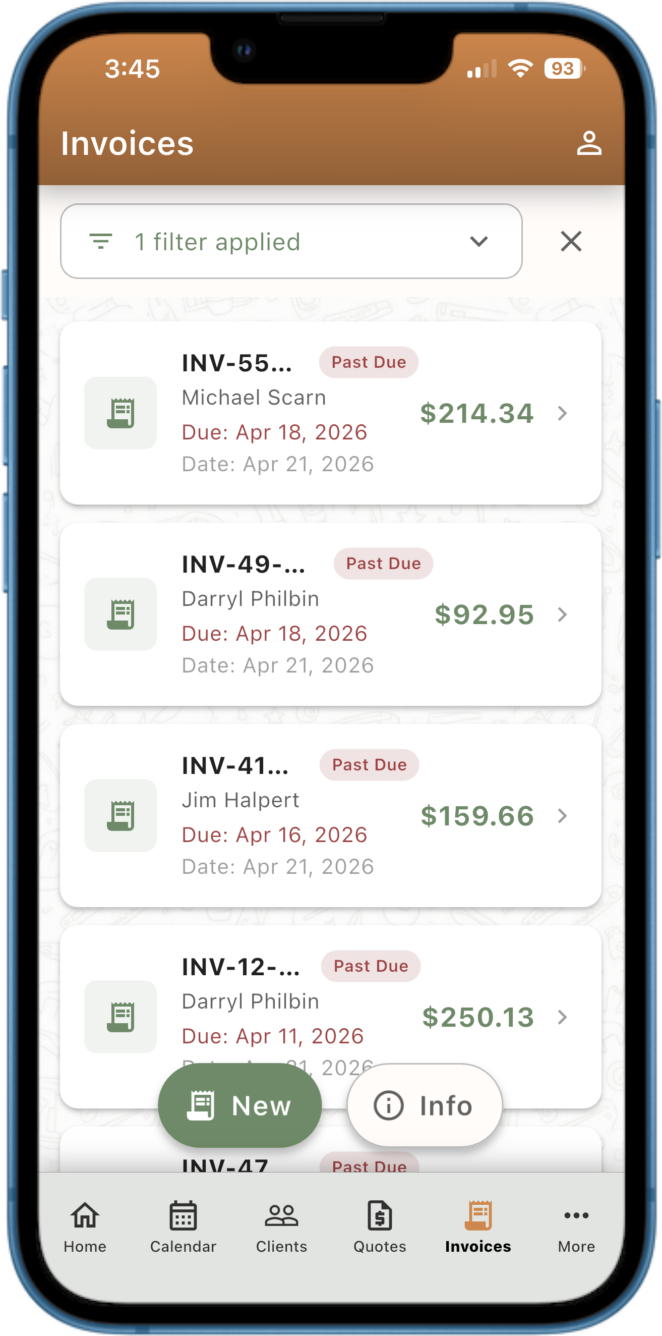 Professional PDF invoice created in PocketClients showing line items, tax, and total